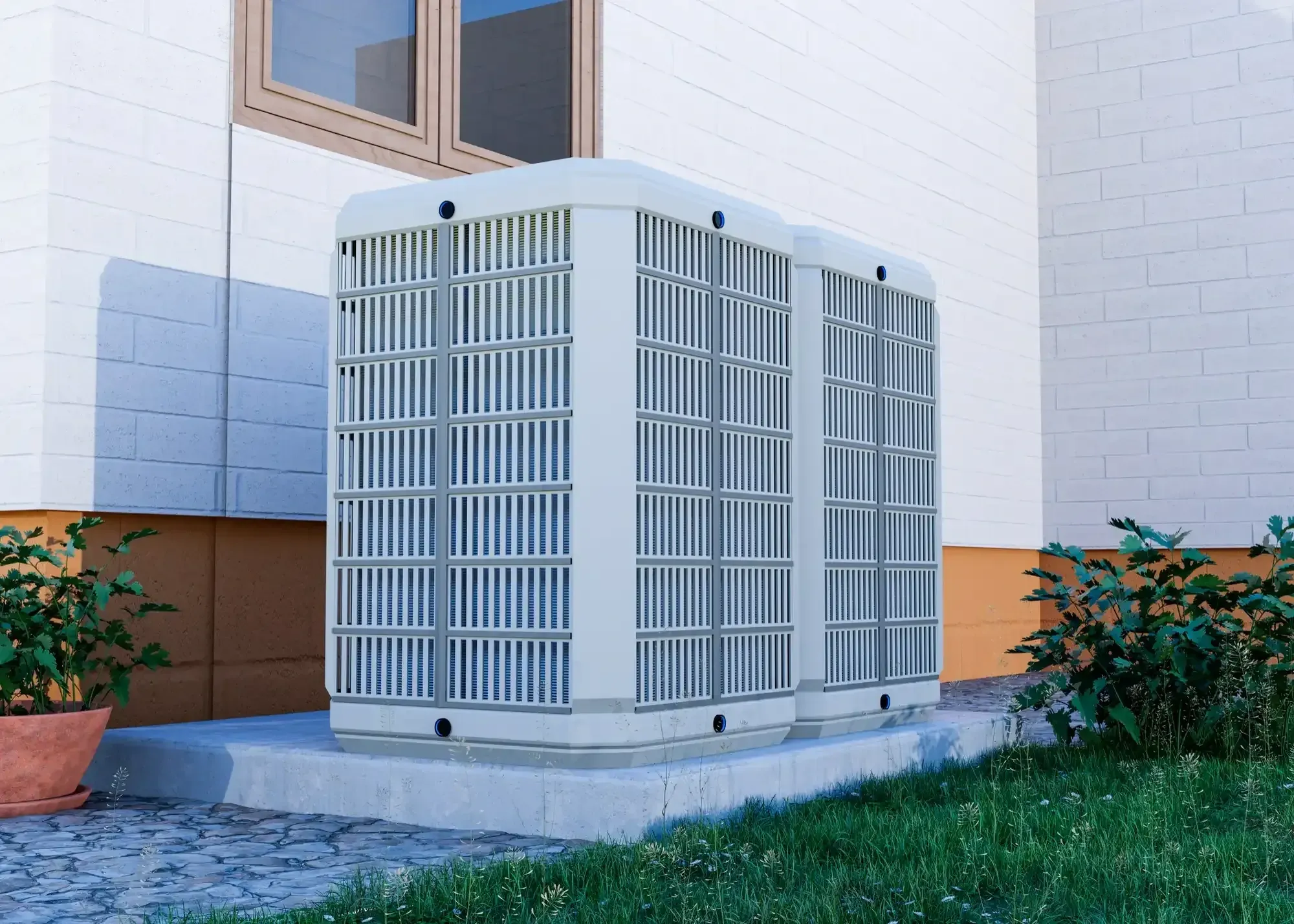 Two outdoor AC condenser units on a concrete pad beside an Allen, TX home after air conditioning replacement