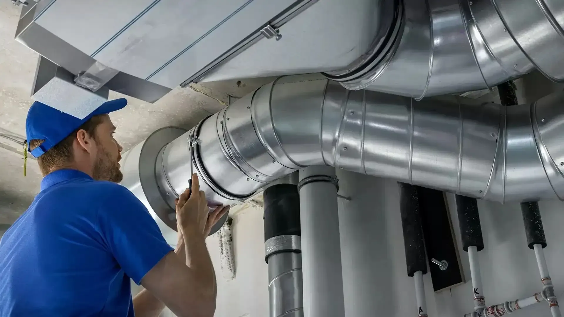 HVAC technician opening a round duct run to perform air duct cleaning in a Blue Ridge, TX home