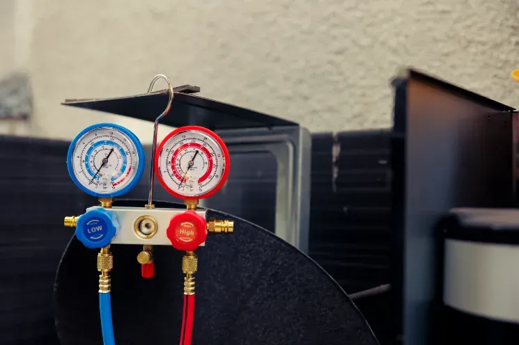 HVAC gauges, blue and red, connected with hoses, resting on black surface.